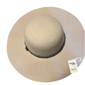Charlotte Russe Beige Wide Brim Felt Hat Faux Leather Brass Trim Band 1 Size NWT